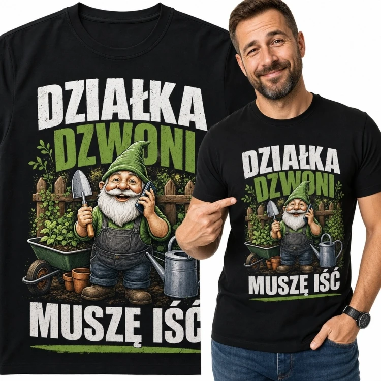 Koszulka męska dla działkowca z krasnalem ogrodnikiem „Działka dzwoni muszę iść”