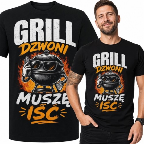 Koszulka męska „Grill dzwoni muszę iść” - kulisty grill w okularach z telefonem