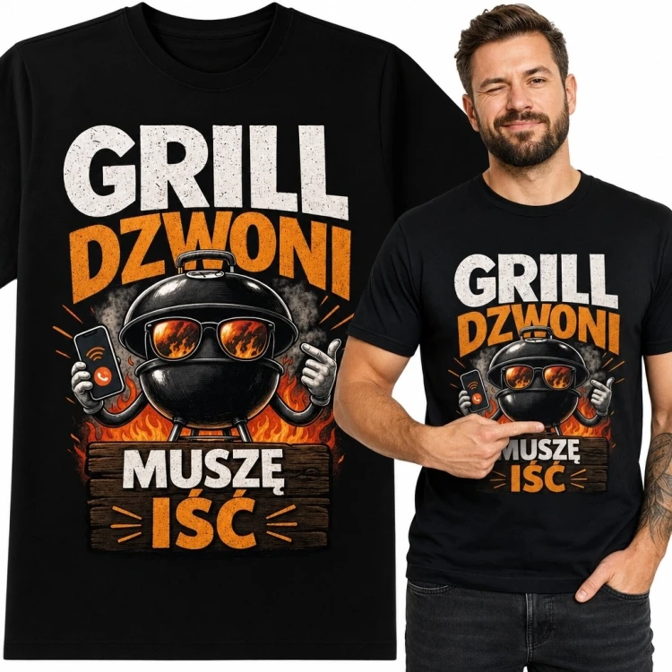 Koszulka męska „Grill dzwoni, muszę iść” - grill kulisty z telefonem