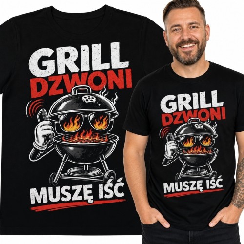 Koszulka męska „Grill dzwoni muszę iść” - grill węglowy ze słuchawką i ogniem w palenisku
