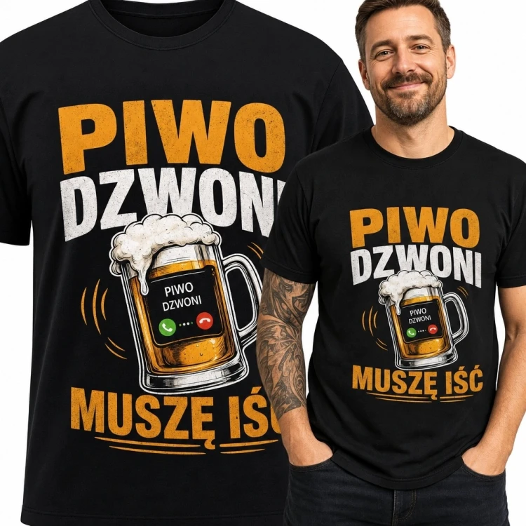 Koszulka męska z kuflem piwa „Piwo dzwoni muszę iść” - śmieszny nadruk