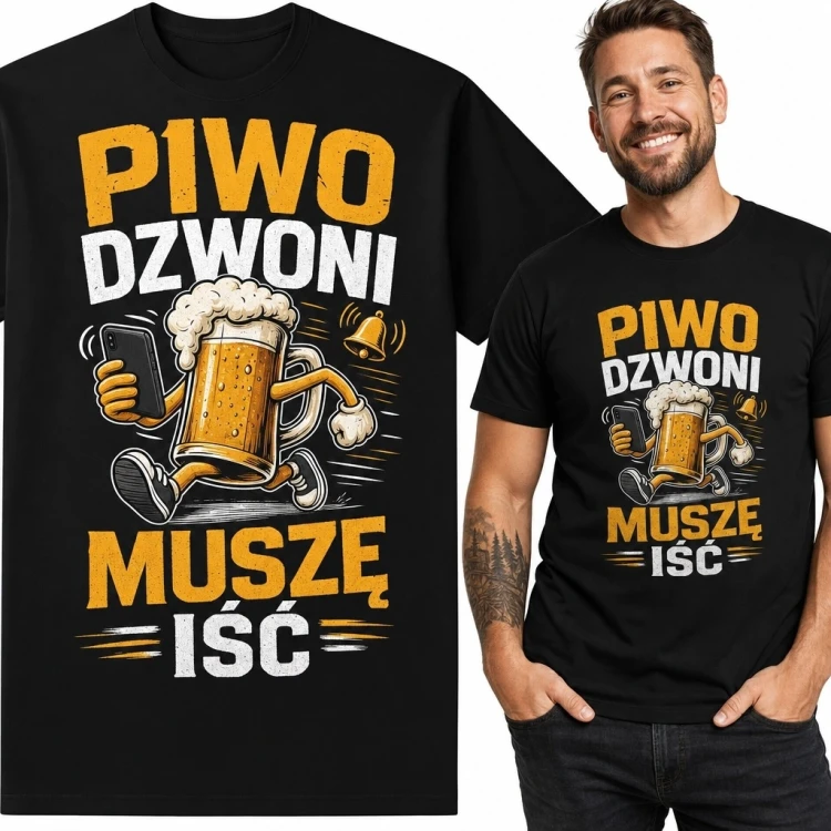 Koszulka męska dla piwosza „Piwo dzwoni muszę iść” - zabawny kufel