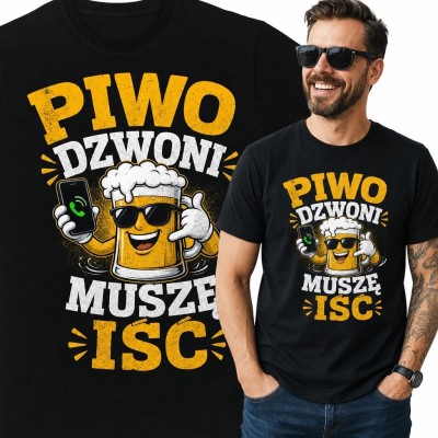 Koszulka męska z kuflem piwa „Piwo dzwoni muszę iść” - piwny humor