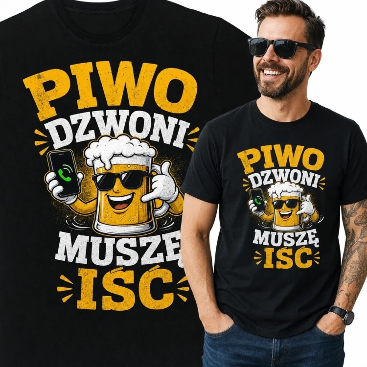 Koszulka męska z kuflem piwa „Piwo dzwoni muszę iść” - piwny humor