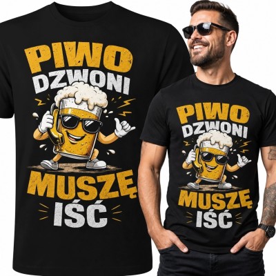 Koszulka męska z kuflem piwa „Piwo dzwoni / muszę iść” - humorystyczny wzór retro
