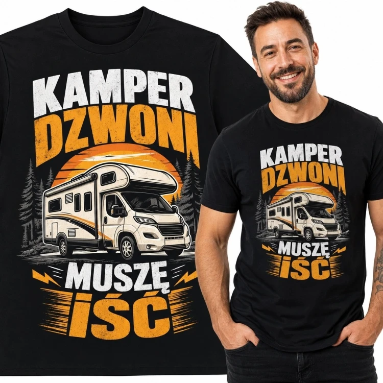 Koszulka męska z kamperem „Kamper dzwoni muszę iść” - caravaning w stylu retro