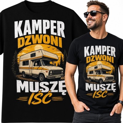 Koszulka męska retro z kamperem „Kamper dzwoni muszę iść”