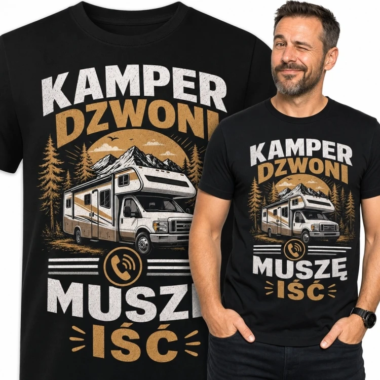 Koszulka męska z kamperem „Kamper dzwoni, muszę iść” - caravaning
