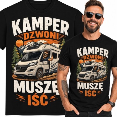 Koszulka męska z kamperem „Kamper dzwoni, muszę iść” - podróżniczy wzór retro