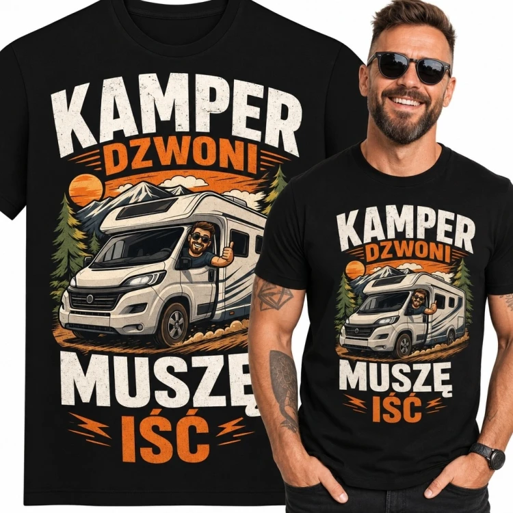 Koszulka męska z kamperem „Kamper dzwoni, muszę iść” - podróżniczy wzór retro