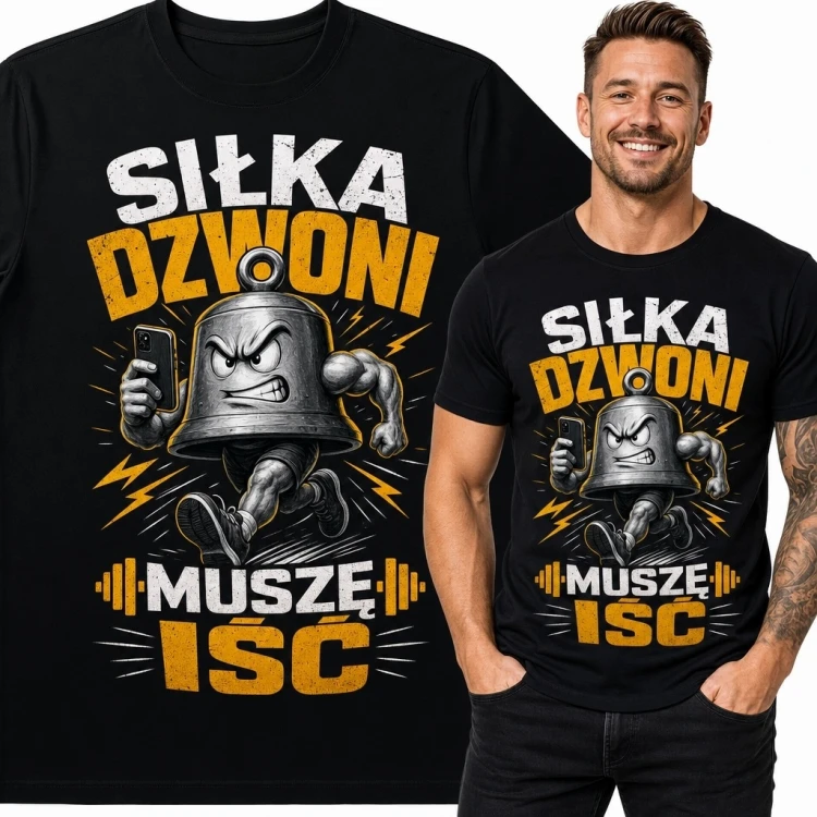 Koszulka męska na siłownię „Siłka dzwoni muszę iść” - zabawny dzwonek ze smartfonem