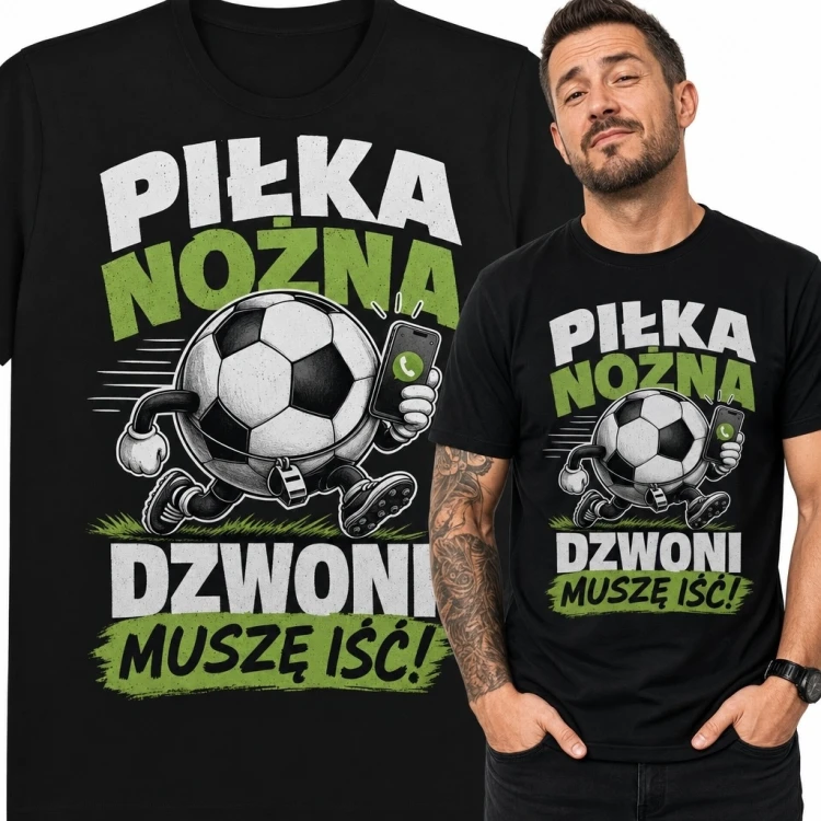 Koszulka męska dla piłkarza „Piłka nożna dzwoni muszę iść!” - biegnąca piłka ze smartfonem
