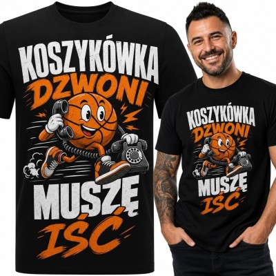 Koszulka męska z biegnącą piłką do koszykówki „Koszykówka dzwoni muszę iść” - sportowy humor retro