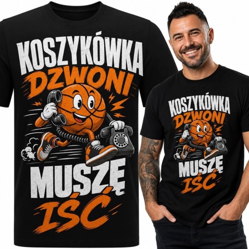 Koszulka męska z biegnącą piłką do koszykówki „Koszykówka dzwoni muszę iść” - sportowy humor retro