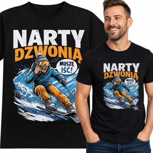 Koszulka męska dla narciarza „Narty dzwonią, muszę iść!” - sportowy nadruk