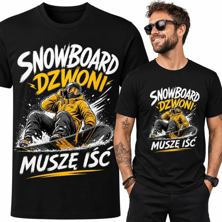 Koszulka męska ze snowboardzistą - „Snowboard dzwoni muszę iść”