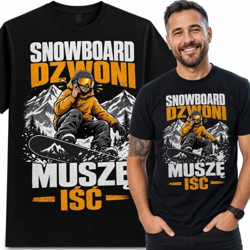 Koszulka męska dla snowboardzisty „Snowboard dzwoni muszę iść” - zimowy motyw górski