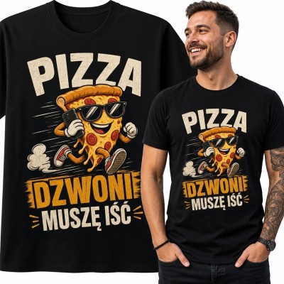Koszulka męska z biegnącą pizzą „Pizza dzwoni, muszę iść” - zabawny nadruk