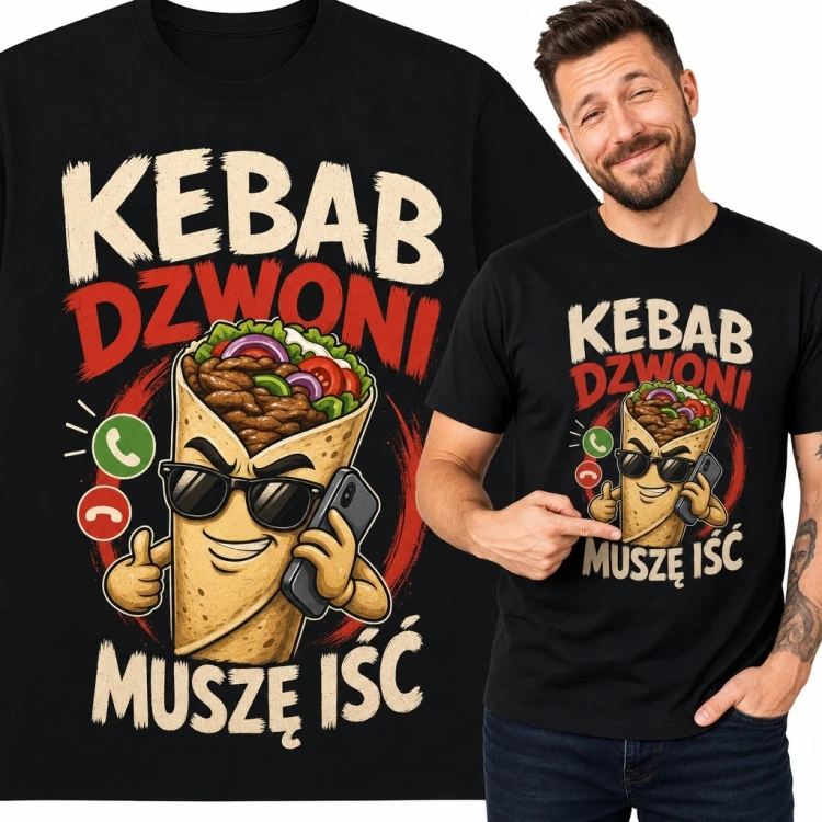 Koszulka męska z kebabem „Kebab dzwoni, muszę iść” - śmieszny wzór