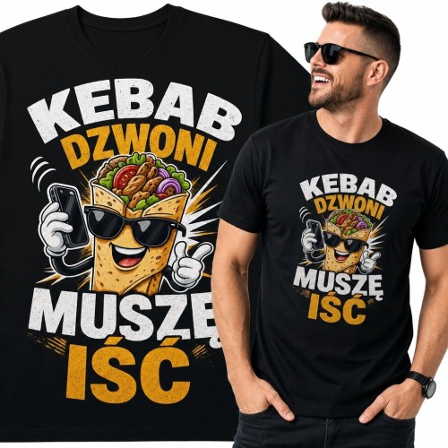 Koszulka męska z kreskówkowym kebabem pokazującym kciuk w górę „Kebab dzwoni muszę iść”