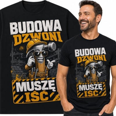 Koszulka męska dla budowlańca „Budowa dzwoni - muszę iść” - z pasem narzędziowym