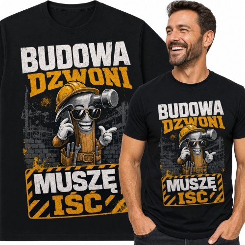Koszulka męska dla budowlańca „Budowa dzwoni - muszę iść” - z pasem narzędziowym