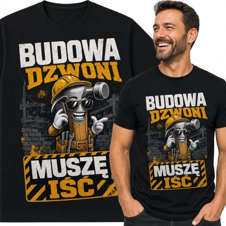 Koszulka męska dla budowlańca „Budowa dzwoni - muszę iść” - z pasem narzędziowym