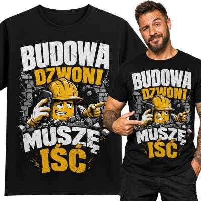 Koszulka męska dla budowlańca „Budowa dzwoni, muszę iść” - komiksowy nadruk