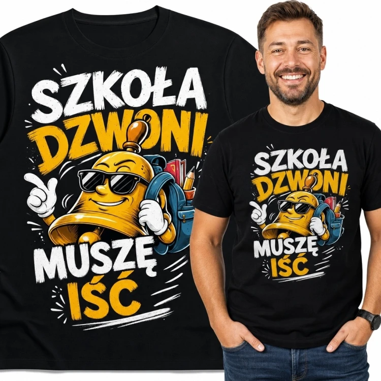 Koszulka męska „Szkoła dzwoni muszę iść” - zabawny motyw szkolny