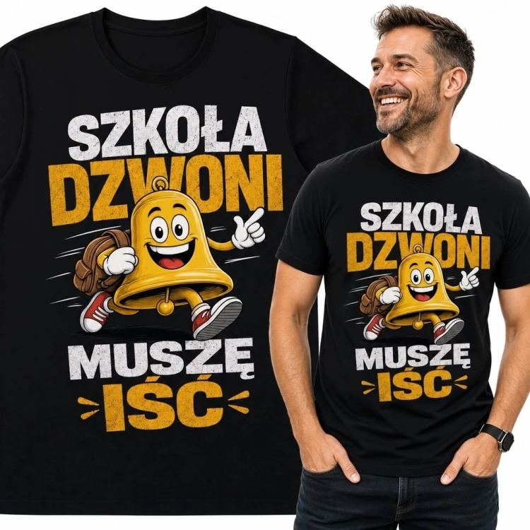 Koszulka męska z biegnącym dzwonkiem „Szkoła dzwoni muszę iść” - szkolny humor