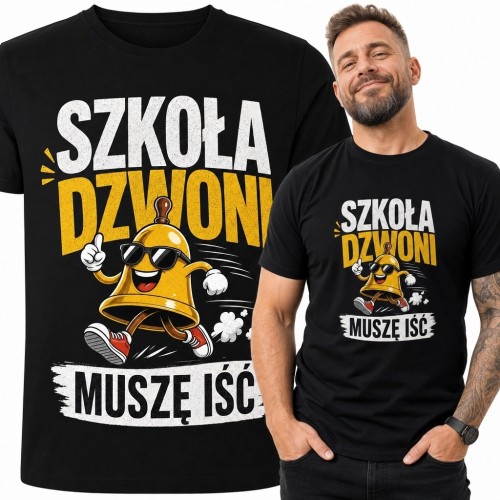 Koszulka męska ze szkolnym dzwonkiem „Szkoła dzwoni, muszę iść” - śmieszny wzór