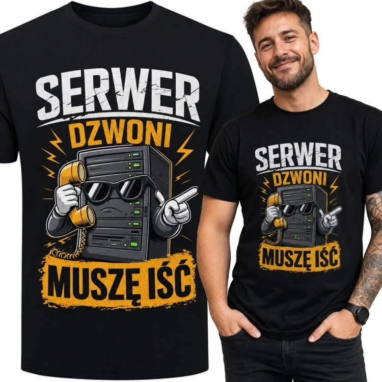 Koszulka męska dla administratora IT „Serwer dzwoni muszę iść” - komiksowy serwer