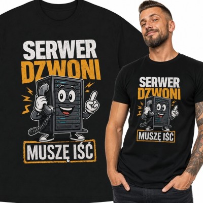 Koszulka męska z szafą serwerową „Serwer dzwoni muszę iść” - humor IT