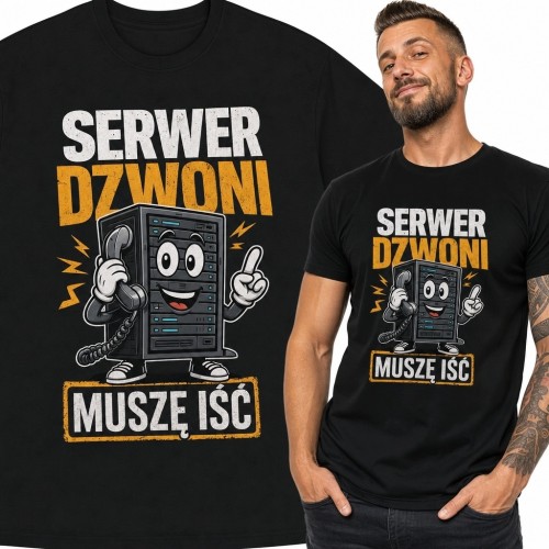 Koszulka męska z szafą serwerową „Serwer dzwoni muszę iść” - humor IT