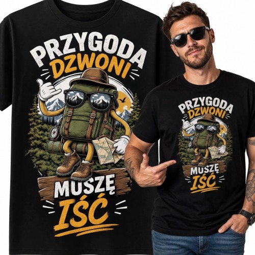 Koszulka męska z plecakiem-wędrowcem „Przygoda dzwoni, muszę iść” - góry i trekking