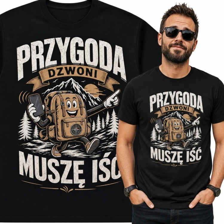 Koszulka męska z plecakiem w górach „Przygoda dzwoni, muszę iść”