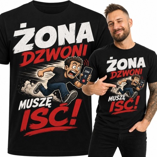Koszulka męska z komiksowym nadrukiem „Żona dzwoni, muszę iść!” - humor małżeński