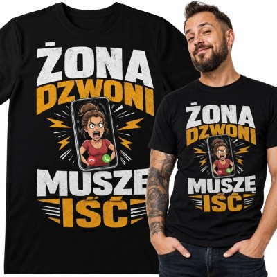 Koszulka męska z komiksowym nadrukiem „Żona dzwoni, muszę iść” - humor małżeński