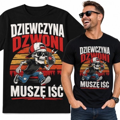 Koszulka męska ze szkieletem i napisem „Dziewczyna dzwoni muszę iść”