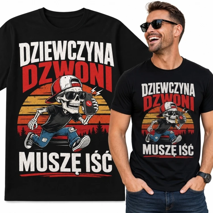 Koszulka męska ze szkieletem i napisem „Dziewczyna dzwoni muszę iść”