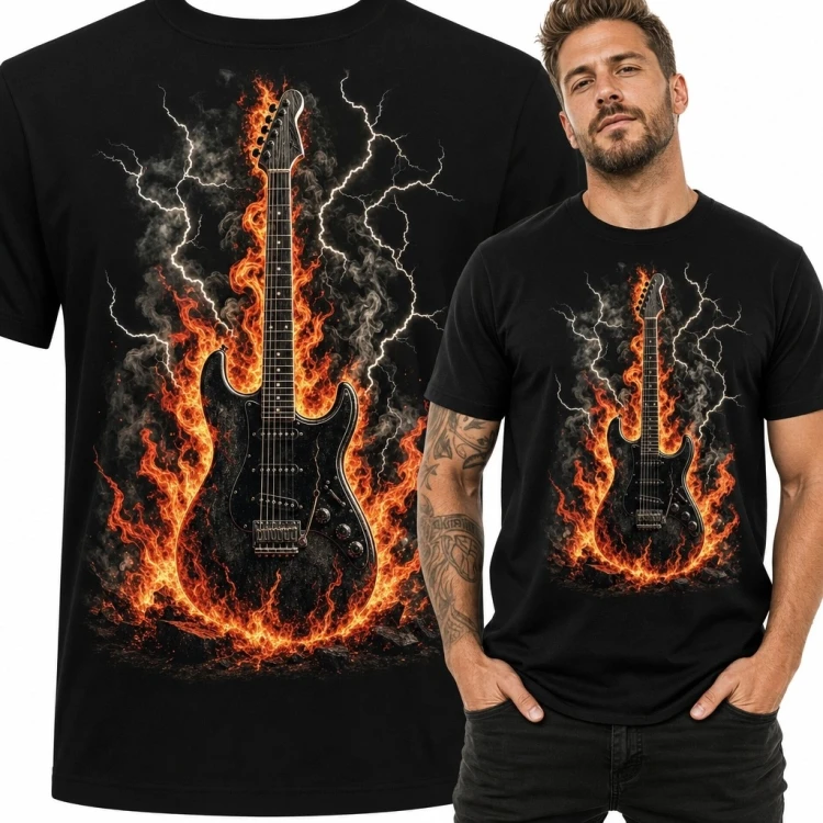 Koszulka męska z gitarą elektryczną w ogniu - rockowy motyw