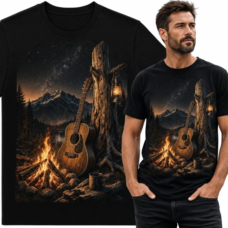 Koszulka męska z gitarą akustyczną przy ognisku - górski biwak