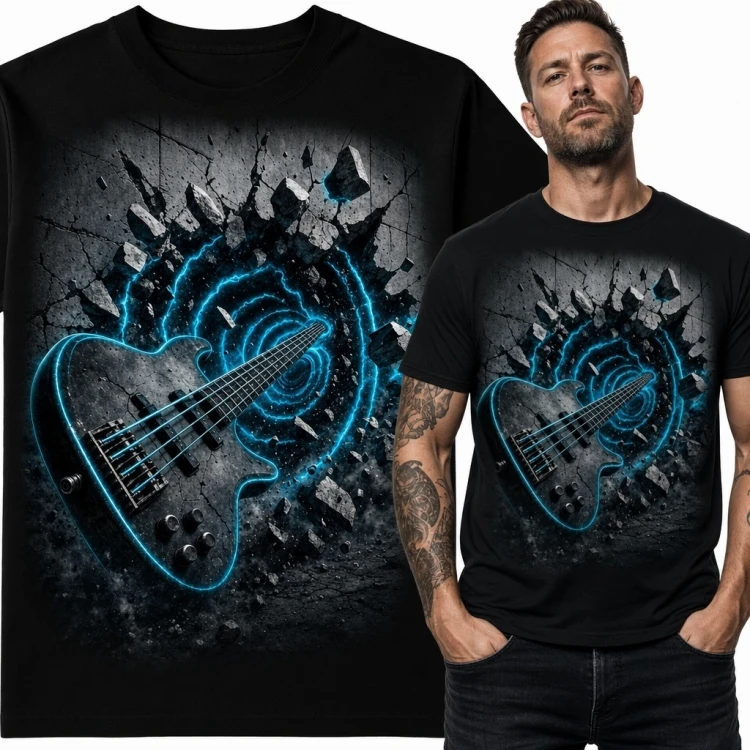 Koszulka męska z neonową gitarą basową - rockowy motyw