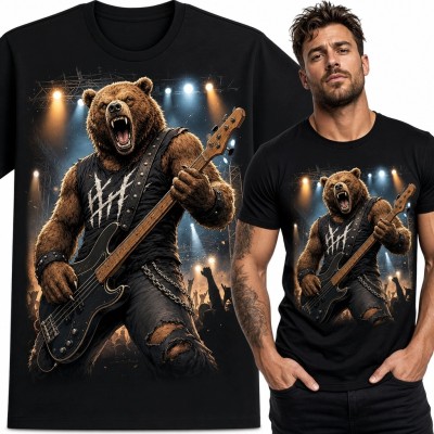 Koszulka męska z ryczącym niedźwiedziem basistą - rockowy koncert