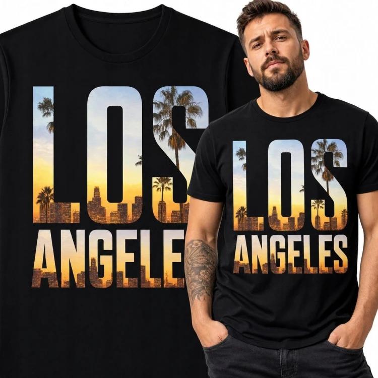Koszulka męska z panoramą miasta „Los Angeles” - palmy i zachód słońca