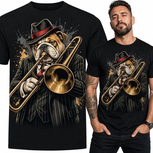 Koszulka męska z bulldogiem grającym na puzonie - jazzowy gangster retro