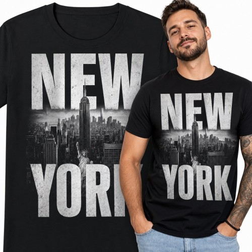 Koszulka męska „New York” z panoramą Manhattanu - Empire State Building i Statua Wolności