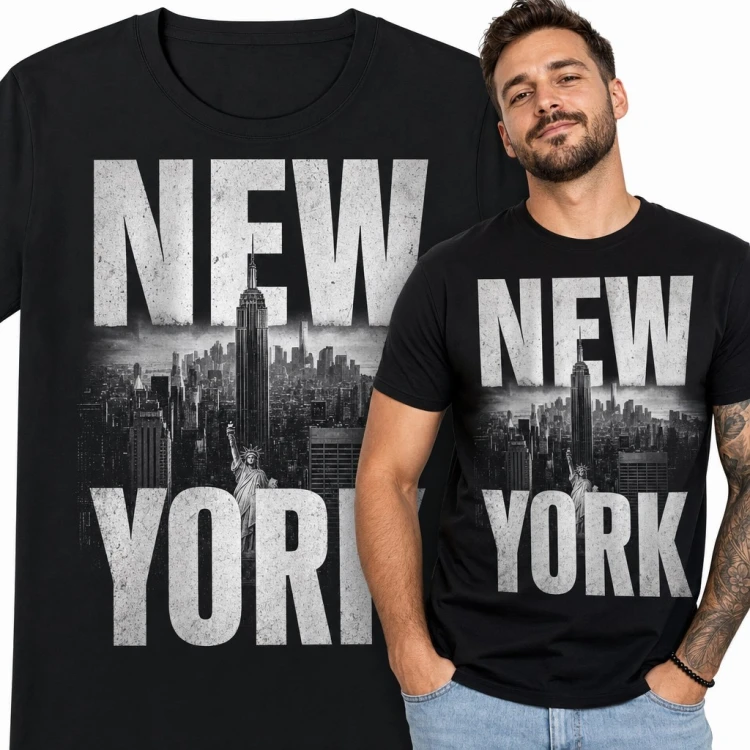 Koszulka męska „New York” z panoramą Manhattanu - Empire State Building i Statua Wolności