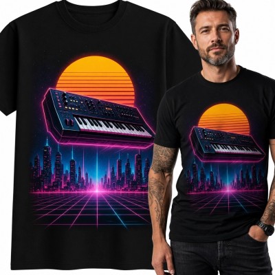 Koszulka męska z syntezatorem - neonowe miasto synthwave