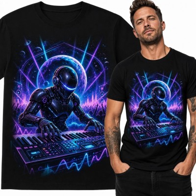Koszulka męska z astronautą przy konsoli - neonowy kosmos